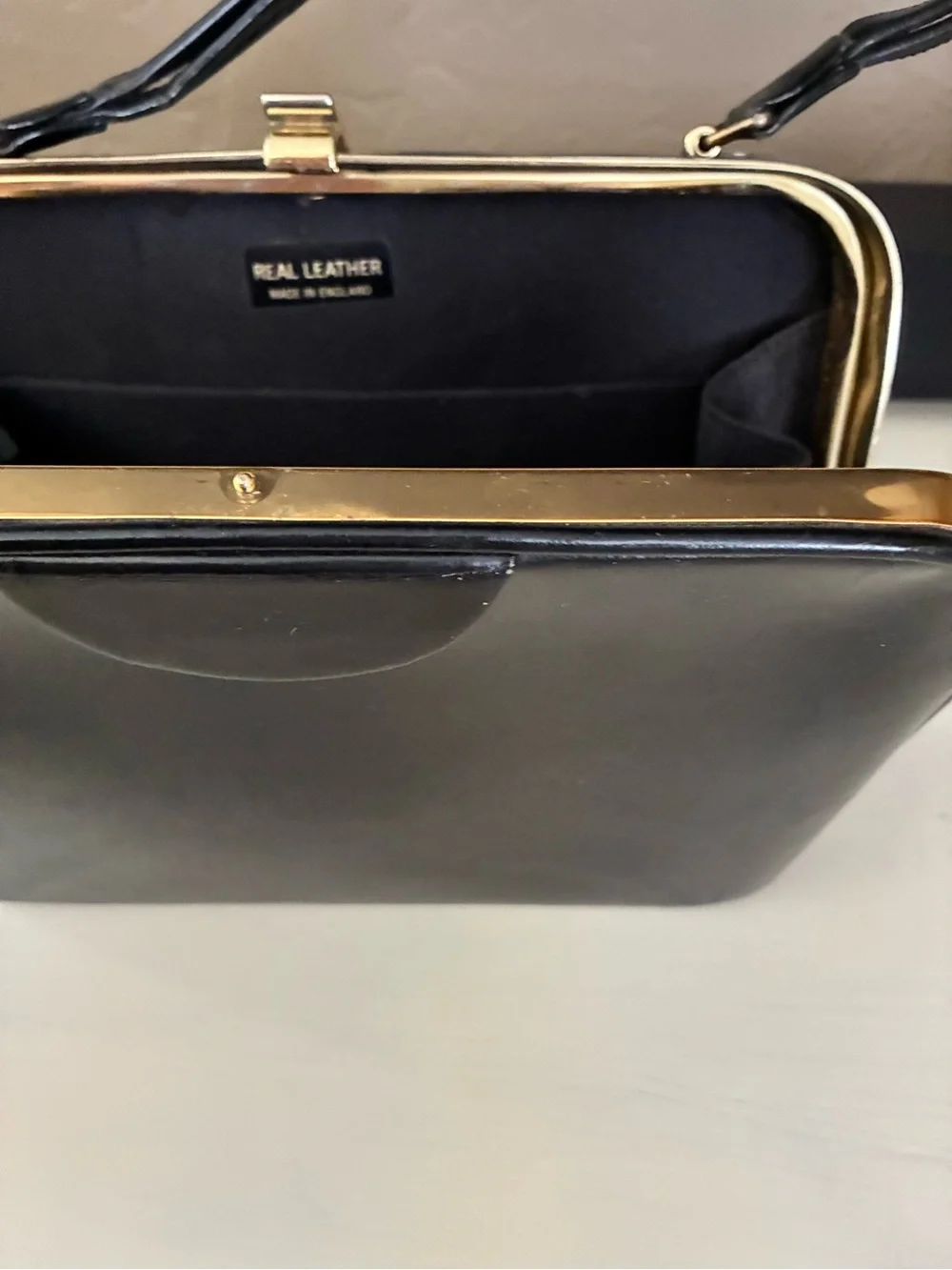 Vintage Black Genuine Leather Double Handle Frame Handbag | Made in England